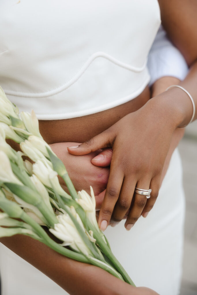 detail of a married couple holding hands